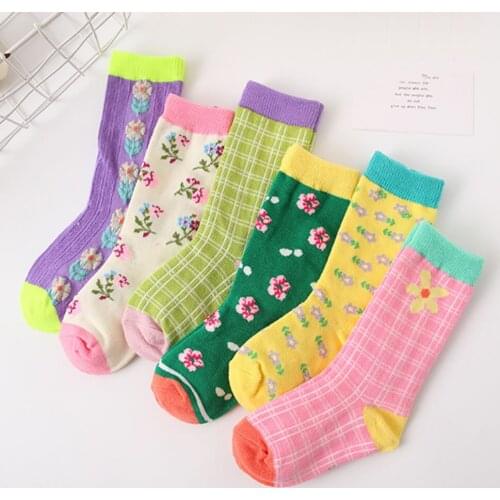 Girl Fashion Cartoon Socks Breathable Cotton Pink Green Grid Princess Sock Kids Socks Lovely Floral Cotton Socks
