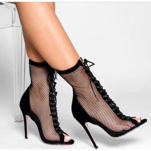 Fashion Zipper Peep Toe Mesh Boots Autumn Ankle Strap Boots Sandals Thin Heel Woman High Heels Bootie Size 35-40
