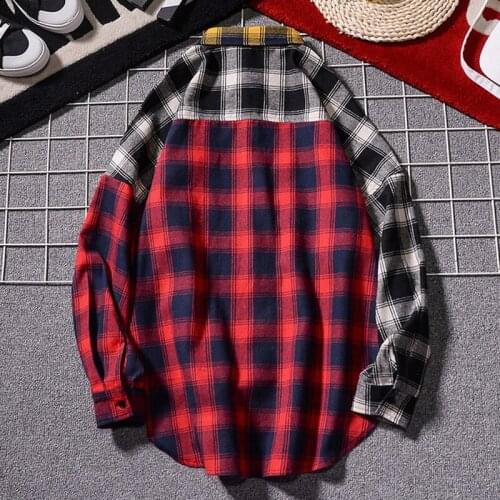 2021 Hot Men Long Sleeve High Quality Loose Spring Autumn Hip Hop Streetwear Patchwork Punk Casual Plaid Shirt
