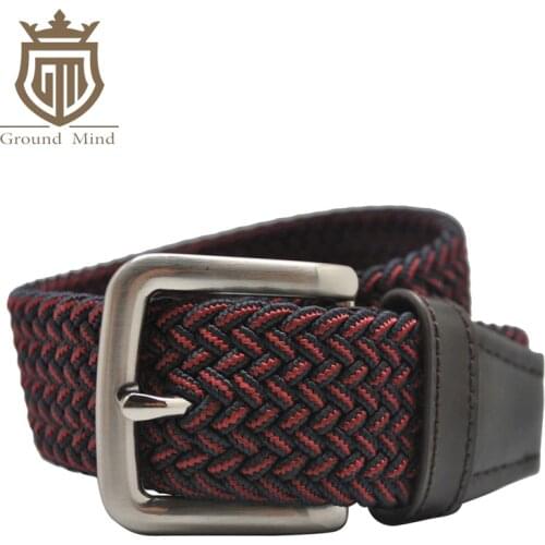 Casual Elastic Braided Men Belts Woven Stretch Belt with Genuine Leather Tip&Head(black&red)