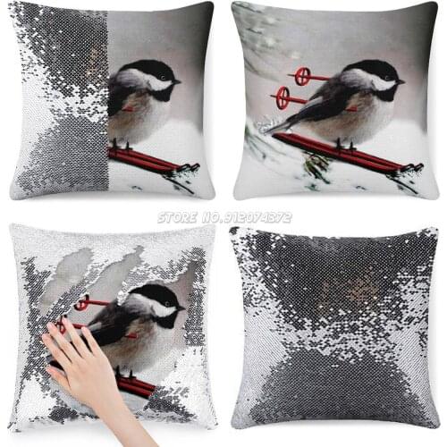 Little Bird On Skis Come Ski With Me Bird Pillow Sequin Pillowcase Throw Pillow Cover for Sofa 40X40cm Mermaid Bird Ski Ski Pole
