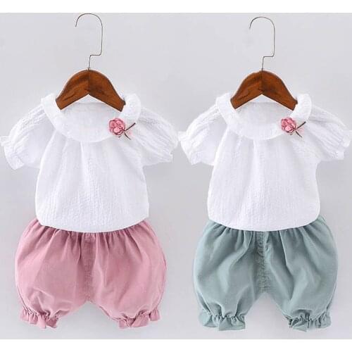 New Summer Baby girl clothes Solid color Bubble sleeves T-shirt and flower+Short 2 piece suit fashion children Clothing 1-4 year