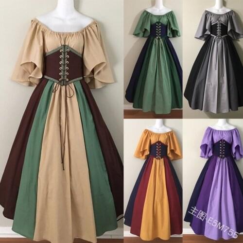 New Women Medieval costume dress cold shoulder maxi vintage Renaissance cosplay dress tie up corset waist plus size