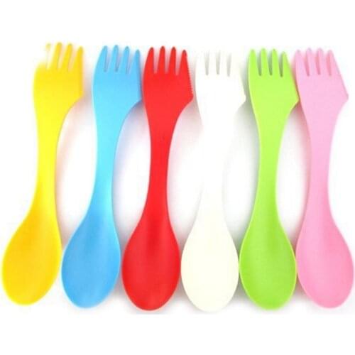 1 sets(6pcs=1set) 3 In 1 Outdoor Camp Tableware Heat Resistant Spoon Fork Knife Camping Hiking Utensils Spork Combo Travel