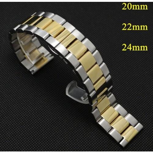 20mm 22mm 24mm Push Button Hidden Clasp Strap Golden/Silver Stainless Steel Watchbands Straight Bracelet Pulseira De Relogio
