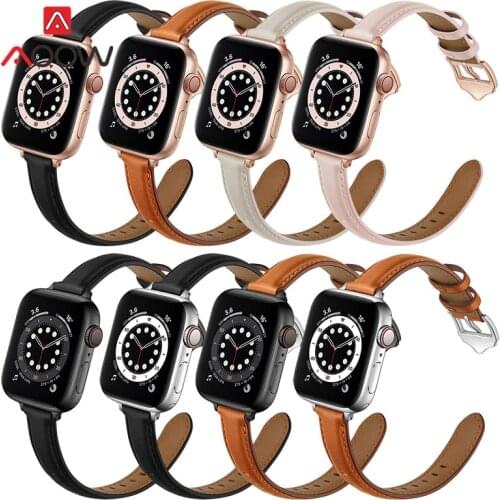Genuine Leather Strap for Apple Watch iwatch 6 5 4 3 2 SE 38mm 42mm 40mm 44mm Rose Gold Buckle Women Slim Replacement Wrist Band
