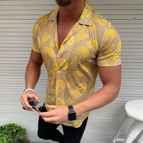 2020 Summer Hot Sale Casual Short Sleeve Shirts Men Fashion Short Sleeve Turn Down Collar Blouse Leaves Print Slim Shirt