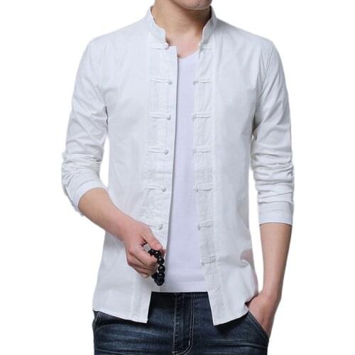 Chinese Style Retro Mens Long Sleeve Shirts White Black Slim Fashion Male Casual Camisa Autumn Pure Color Tops XXXL