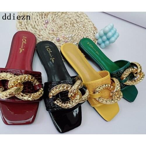 Slippers Women Flip Flop Summer New 2021 Casual Outside Flip Flops Indoor Pu Square Toe Slides Metal Decoration Female Shoes