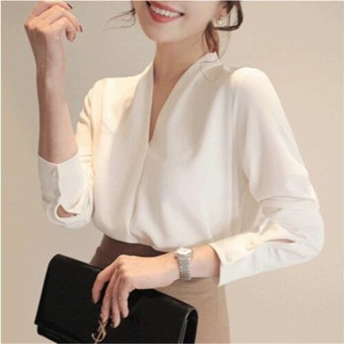 Spring and Autumn Shirts Women V Neck Blouse Long-Sleeve Women Chiffon Blouse Ol Ladies Professional Wear Shirts Loose White Top