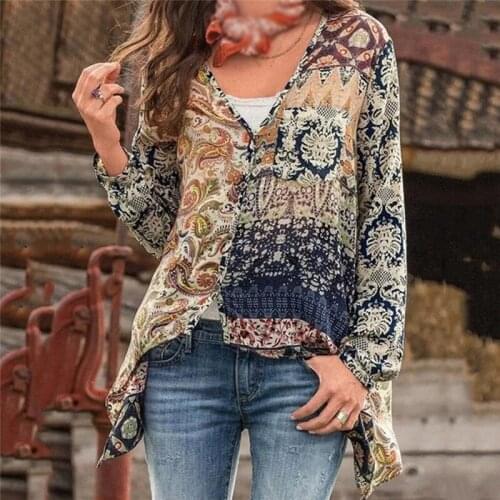 Vintage Women Long Sleeve Blouse Fashion Floral Print Blouses Casual Loose V-Neck Blouse Top Spring Autumn Women Shirts