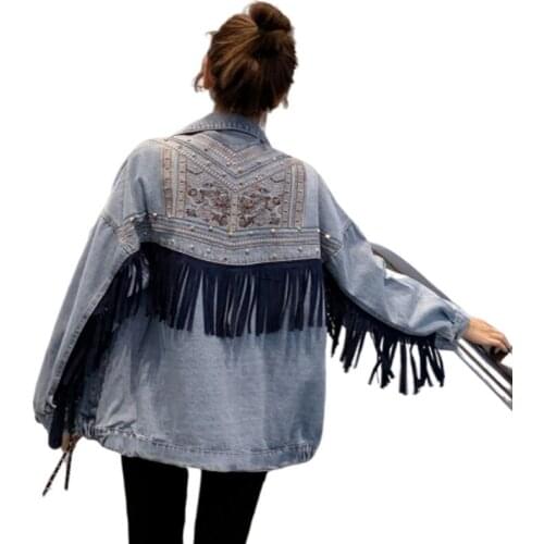 Autumn Embroidery Tassels Loose Blue Chaqueta Mujer Coat Female Jaket Women Jeans Denim Jean Streetwear Jackets For Boyfriend