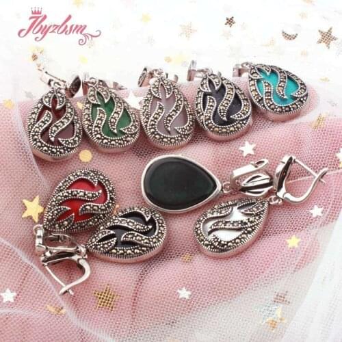 16x22mm Drop Coral Shell Stone Inlaid Marcastie Tibetan Silver Jewelry Earring For Women Gift Dangle Huggie Earring 1 Pair