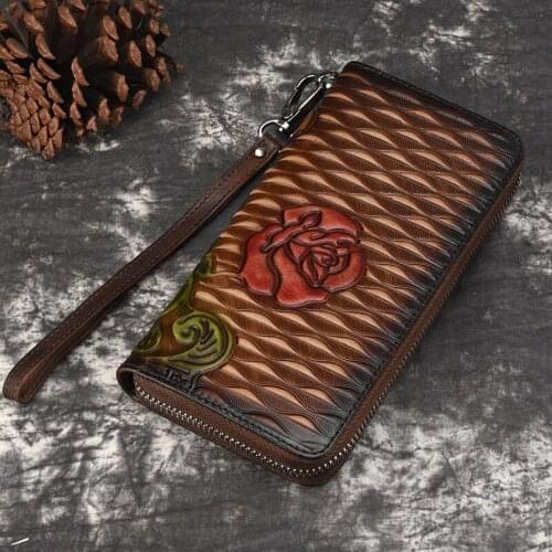 Women Genuine Leather Purse Money Handy Bag ID Card Holder Coin Embossed Vintage Clutch Wrist Bags Natural Skin Long Wallet New
