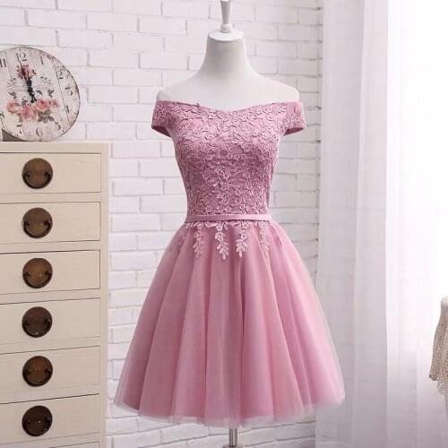 Dusty Pink A Line Homecoming Dresses Off The Shoulder Short Mini Tulle Lace Appliques Graduation Dress Party Gown ST02