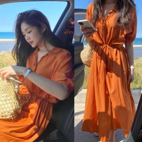 2020 Women Summer Elegant Orange Loose Long Shirt Dress Sashes Raglan Sleeve Turn-down Collar Midi Dresses
