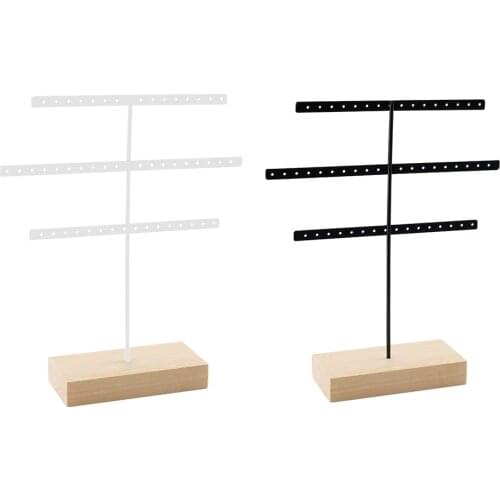 52 Hook 3-Tier Jewelry Earring Displaying Holders Stand Solid Wooden Stable Base Compact