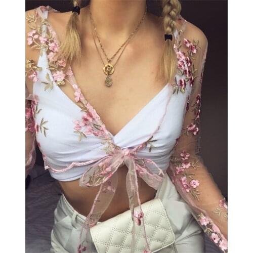 Summer Women Shirts Fashion Transparent Embroidery Lace Up Bandage Pink Floral Crop Tops Blouse Ladies Flower Bandage Clothes