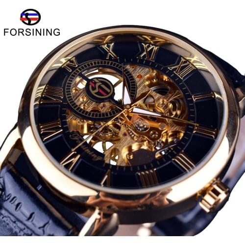 Forsining Men Watches Top Brand Luxury Mechanical Skeleton Watch Black Golden 3D Literal Design Roman Number Black Dial Clock