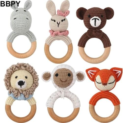 Crochet Wooden Ring Teether Safe Cute Wooden Teether Rattle Chewing Teething Nursing Soother Molar Infant Toy Accessories