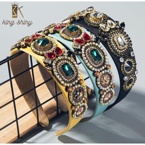 Elegant Baroque Shiny Glass Rhinestone Headband for Girl Luxury Colorful Crystal Hair Band Retro Wedding Party Tiara Crown Bezel