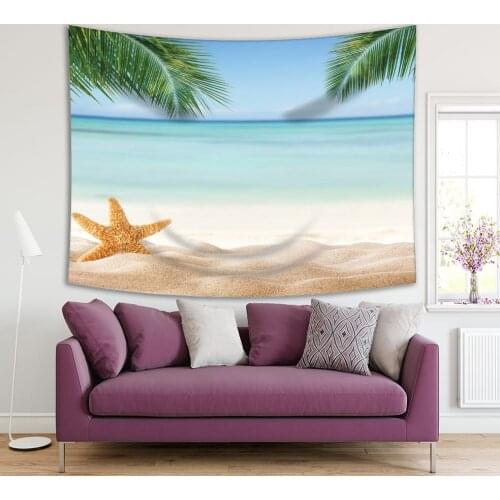Tapestry Tropical Beach Palm Trees Sea Star in Sand Summer Relaxation Holiday Season Theme Green Beige