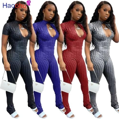 HAOOHU 2021 Short Sleeve Pattern Print Backless Style Cut Out Skinny Jumpsuit Spring Summer Women Fashion Sexy Streetwear Romper