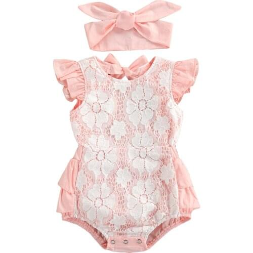 Newborn Toddler Baby Girl’s Casual Fly Sleeve Romper Headband Fashion Solid Color Lace Bandage Jumpsuits Childrens Clothing Set