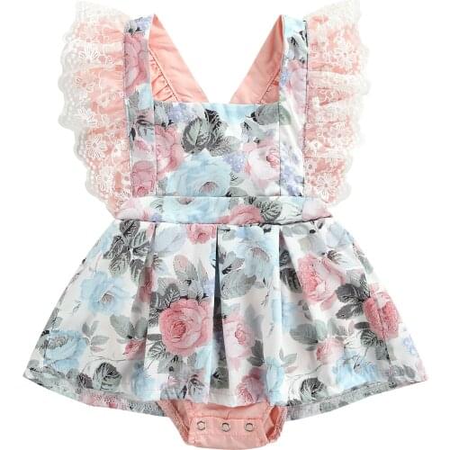 FOCUSNORM 0-24M Summer Baby Girls Sweet Rompers Floral Printed Ruffles Lace Short Sleeve Backless Jumpsuits