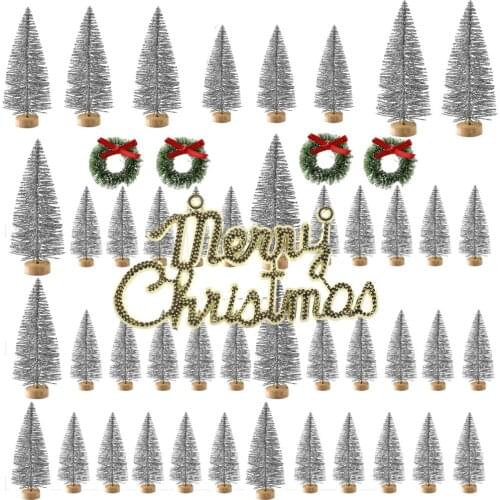 49pcs Small DIY Christmas Tree Fake Pine Tree Mini Sisal Bottle Brush Christmas Tree Santa Snow Frost Village House new year