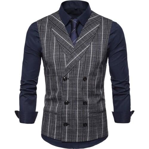 Men Suits Vests Shawl Collar Stripe British Style Double-Breasted Back Satin Solid Slim Fit For Daily Simple Waistcoats