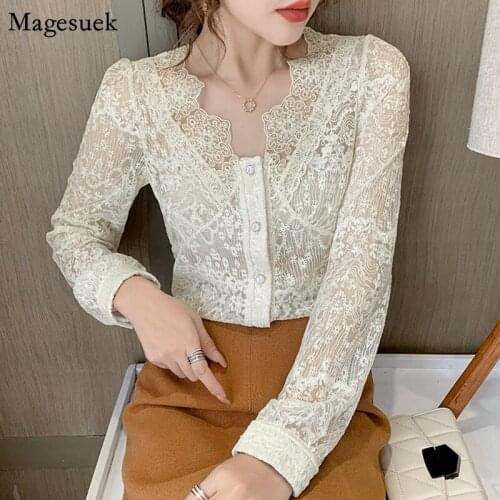 New Fashion Sexy V Neck Mesh Top Long Sleeve Shirt Women Thin Embroidery Floral Casual Elegant Vintage Blouse Women Blusas 12286