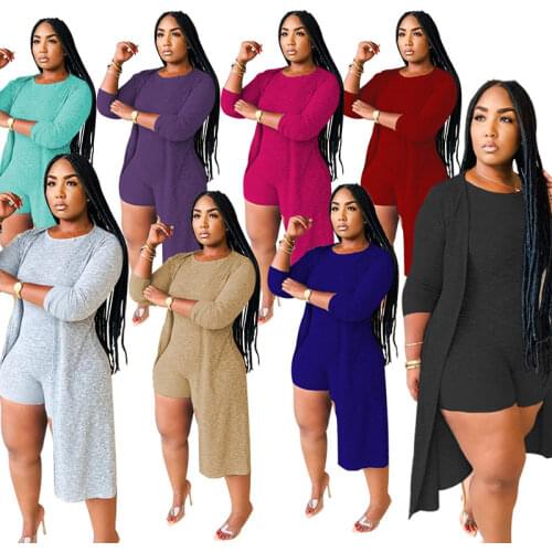 Solid Color Round Neck Jumpsuits And Long Sleeve Cardigan Coat Women Two Piece Outfits 2020 Autumn Fashion Casual Suits