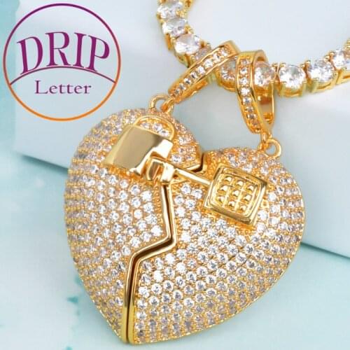 Couple Key Lock Heart 5A Cubic Zircon Mens Hip Hop Pendants Gold Jewelry