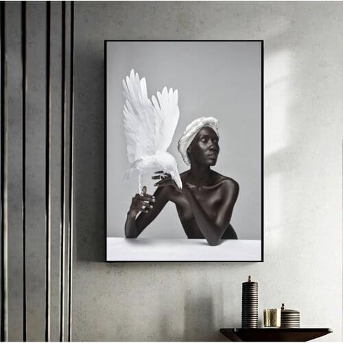 African Art Nude Black Woman Canvas Painting Modern White Eagle Posters and Prints Wall Art Pictures for Living Room Home Decor
