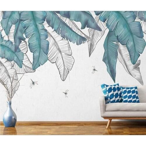 Custom large-scale murals / wallpapers / modern minimalist hand-painted watercolor plants leaves Nordic background wall