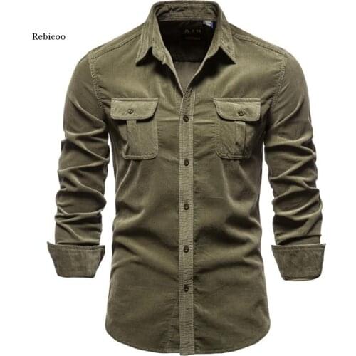 New Single Breasted Cotton Mens Shirt Business Casual Fashion Solid Color Corduroy Men Shirts Autumn Slim Shirt Men