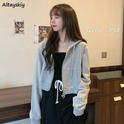 With Hat Hoodies Chic Autumn Trendy Korean Solid Zip-up Ladies Cropped Hoodie All-match Loose Popular Womens Sweatshirts Stylish