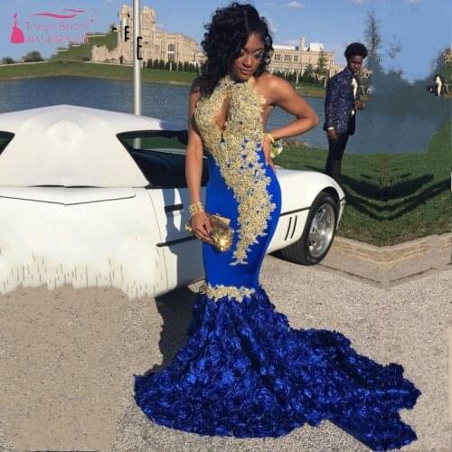 African Black Girls Prom Dresses With Gold Appliques 2019 Mermaid High Neck 3D Flowers Backless Royal Blue Evening Gowns W065
