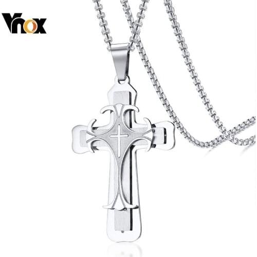 Vnox Punk Double Cross Necklaces for Men Prayer Religion Collar Free Stainless Steel Box Chain 24"