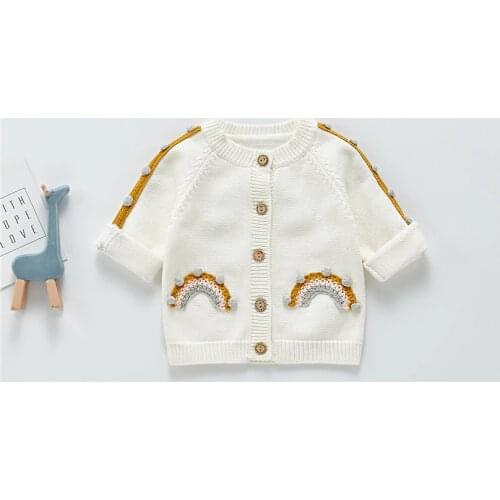 Knitted Baby Sweater Cardigan Autumn Winter Rainbow Pompom Newborn Baby Girls Sweater Coat Infant Toddler Sweater For Girl