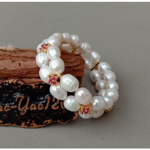 YYGEM 8" natural Cultured White Rice freshwater Pearl Red Cz flower Spacer Stretch Bracelet Handmade jewelry for women