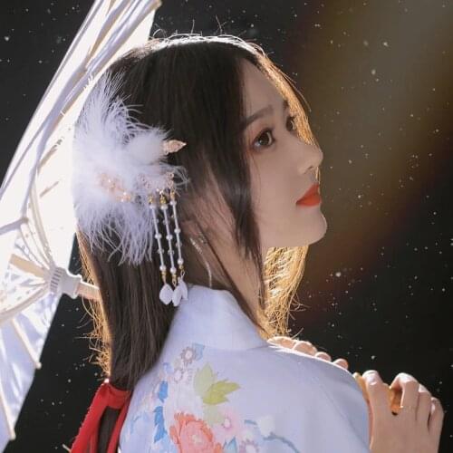 Chinese Style Retro Women White Feather Hairpin Chinese Hanfu Girls Headdress Hair Clips Bangs Side Clip Girl Barrettes