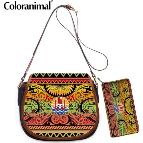 Coloranimal Tahiti Polynesian Geometric Pattern Female Shoulder Bag 2Pcs/Set Crossbody Bag With Purse PU Leather Tote Bolsa Hot