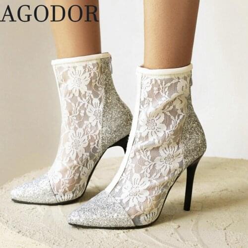 AGODOR Mesh Ankle Boots for Women Glitter Booties Stiletto High Heel Pointed Toe Lace Boots Women Shoes Sexy Winter Boots