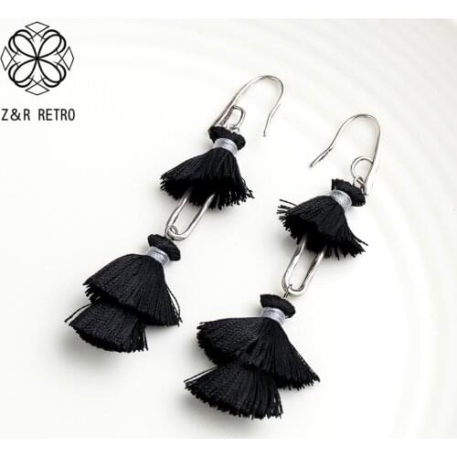Vintage Black Tassel Jewelry Earrings for Women Geometric Round Metal Fashion Hanging Dangle Earrings Pendientes Statement Gifts