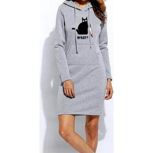 Autumn Women Warm Sweatshirt Long-Sleeved Dress Print Cat Clothing Hooded Dresses Collar Pocket Simple Casual Lady Vesdies