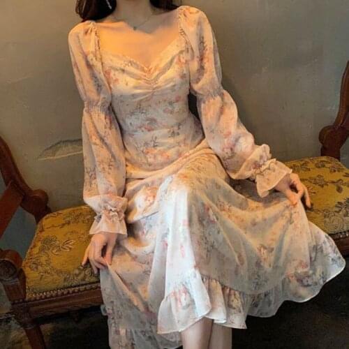 Sexy V-Neck Female Vintage Vestidos Fall 2021 Elegant Slim Waist Puff Long Sleeve Woman Dresses Women Floral Print Fairy Dress