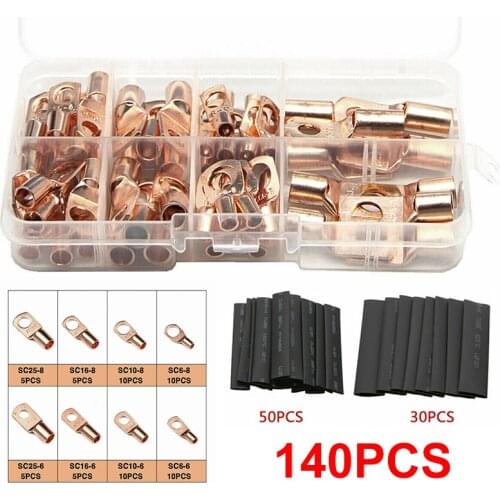 140PCS Copper Wire Ring Lug Terminals Battery Welding Cable Connector Soldering Terminal Assortment Set With Heat Shrink Tubing