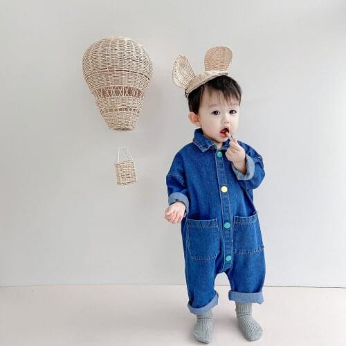 2021 Kids Overalls Denimn Girls Clothes Autumn New Boys Jumpsuits Single Breasted Loose Style Girls Palysuit